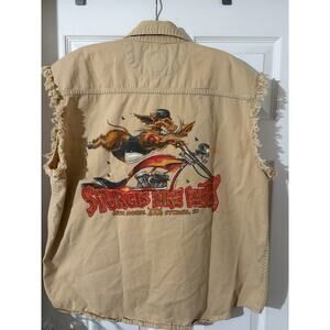 2006 Sturgis Motorcycle Bike Week Cut Off Vest Button Shirt Sz XL Tan Hog